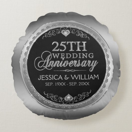 Zilveren en Zwarte 25e Huwelijksverjaardag Rond Kussen (Voorkant)