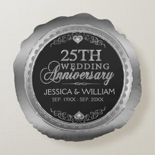 Zilveren en Zwarte 25e Huwelijksverjaardag Rond Kussen (Achterkant)