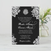Zilveren en zwarte  bloemen bruiloft kaart (Staand voorkant)