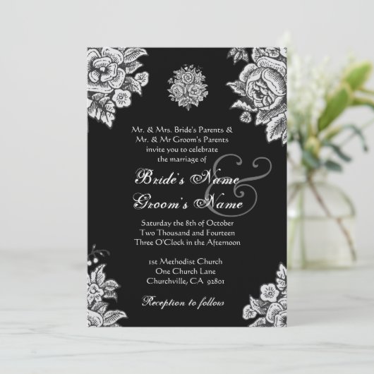 Zilveren en zwarte  bloemen bruiloft kaart (Staand voorkant)