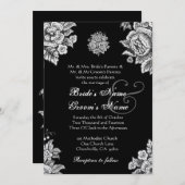 Zilveren en zwarte  bloemen bruiloft kaart (Voorkant / Achterkant)