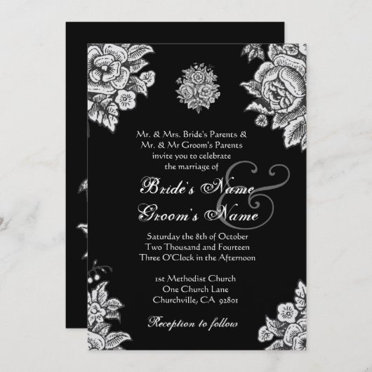 Zilveren en zwarte  bloemen bruiloft kaart (Voorkant / Achterkant)