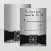Zilveren en zwarte Damask RSVP-kaarten RSVP Kaartje (Voorkant / Achterkant)