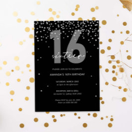 Zilveren en zwarte glitter schitteren 16e verjaard kaart