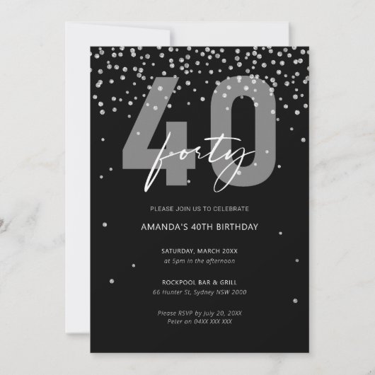 Zilveren en zwarte glitter schitteren 40e verjaard kaart (Voorkant)