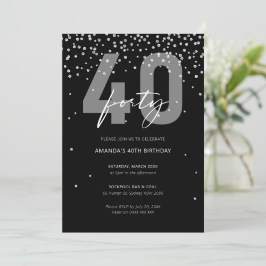 Zilveren en zwarte glitter schitteren 40e verjaard kaart (Staand voorkant)