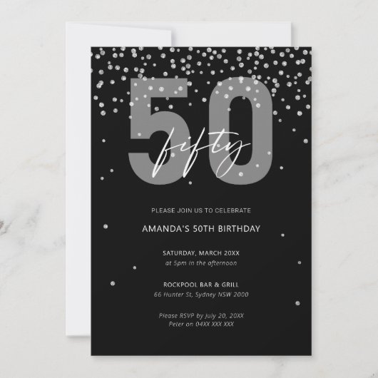 Zilveren en zwarte glitter schitteren 50ste verjaa kaart (Voorkant)