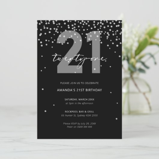 Zilveren en zwarte glitter schittering 21e verjaar kaart (Staand voorkant)