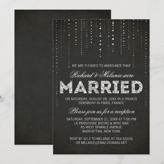 Zilveren en zwarte glitters feestelijke ontvangst kaart (Voorkant / Achterkant)