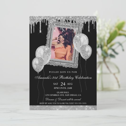 Zilveren en zwarte glittersuiker Foto Frame Kaart (Staand voorkant)