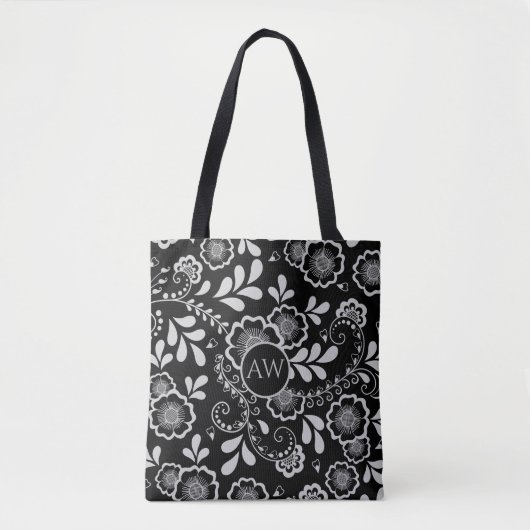 Zilveren en zwarte Victoriaanse kant-monogram Tote Bag (Voorkant)