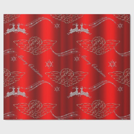 Zilveren Engelen Feestelijk Rood en Zilver Kerstmi Cadeaupapier (Vlak)