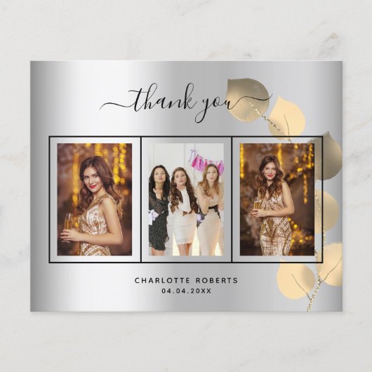 Zilveren eucalyptus foto verjaardag bedankkaart (Voorkant)