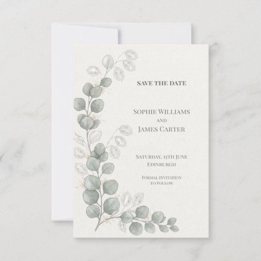 Zilveren Eucalyptus Trouw Save The Date (Voorkant)