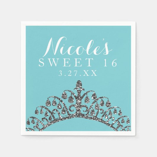 Zilveren Faux Glitter Tiara Crown Verjaardagsfeest Servetten (Voorkant)