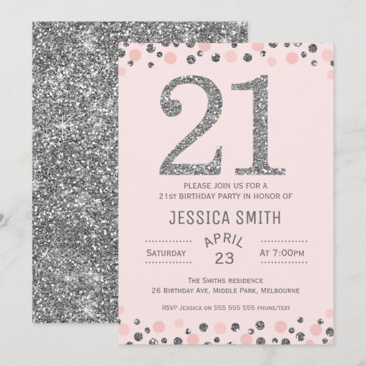 Zilveren faux Zilveren 21e verjaardag Uitnodiging (Voorkant / Achterkant)