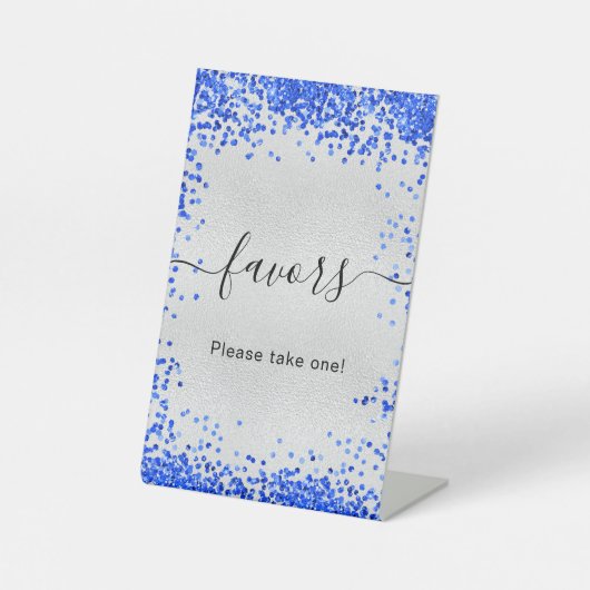 Zilveren feestartikelen in koningsblauw reclamebord met voetstuk (Voorkant)