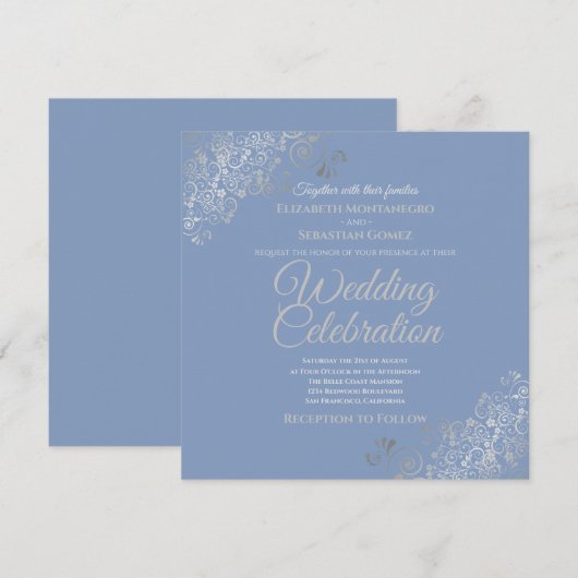 Zilveren filigraan Elegant Blauw Vierkant Bruiloft Kaart (Voorkant / Achterkant)