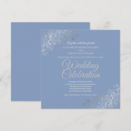 Zilveren filigraan Elegant Blauw Vierkant Bruiloft Kaart