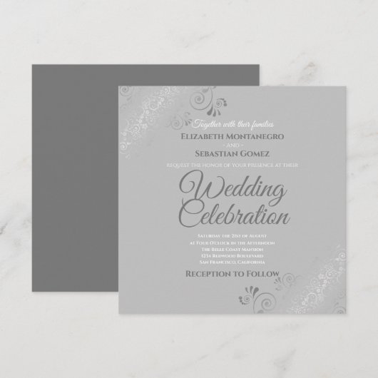 Zilveren filigraan Elegant grijs vierkant bruiloft Kaart (Voorkant / Achterkant)