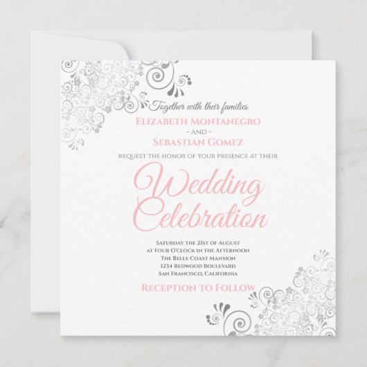 Zilveren filigraan Elegant Roze Grijs Vierkante Br Kaart (Voorkant)