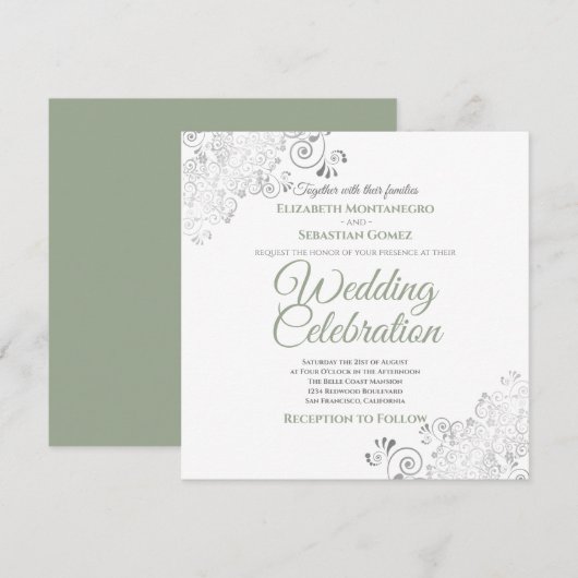 Zilveren filigraan Sage Groen & Wit Vierkante Brui Kaart (Voorkant / Achterkant)