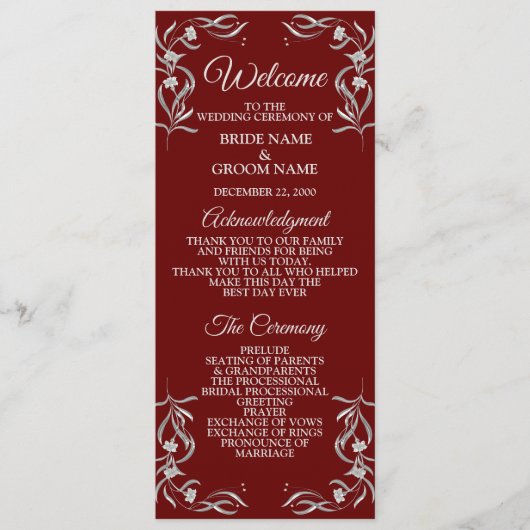  zilveren flessenpatroon rode legante bruiloft programmakaart (Voorkant)