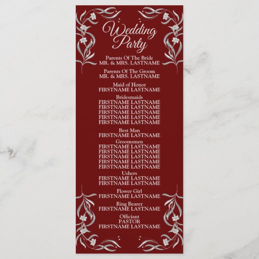  zilveren flessenpatroon rode legante bruiloft programmakaart (Achterkant)