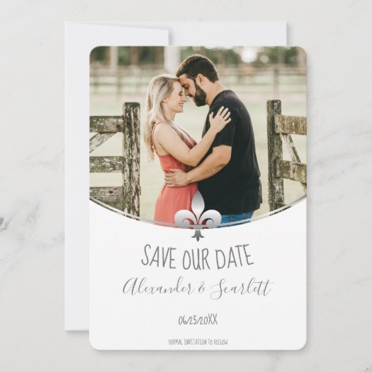 Zilveren Fleur de Lis Foto Bewaar de Datum Aankondiging (Voorkant)