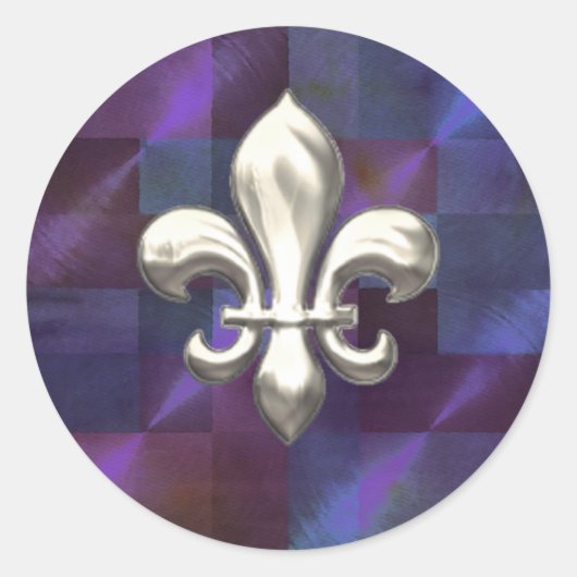 Zilveren Fleur de Lis op abstract paars Ronde Sticker (Voorkant)