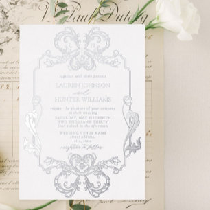  zilveren Floral Line Art Monogram Weddenschap Folie Uitnodiging