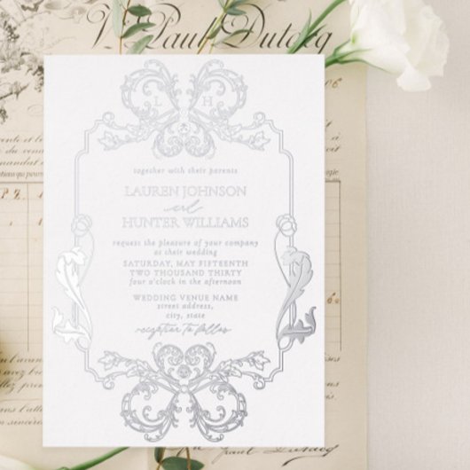 zilveren Floral Line Art Monogram Weddenschap Folie Uitnodiging