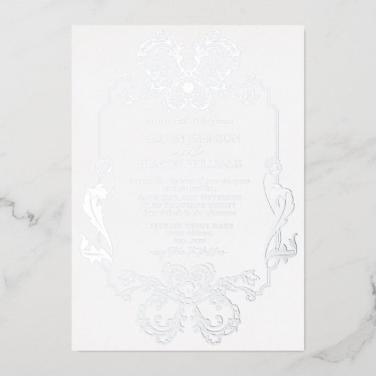  zilveren Floral Line Art Monogram Weddenschap Folie Uitnodiging (Voorkant)