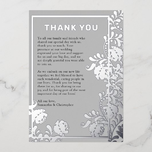Zilveren Foliage op Grijze Bruiloft Dank u Kaart (Voorkant)
