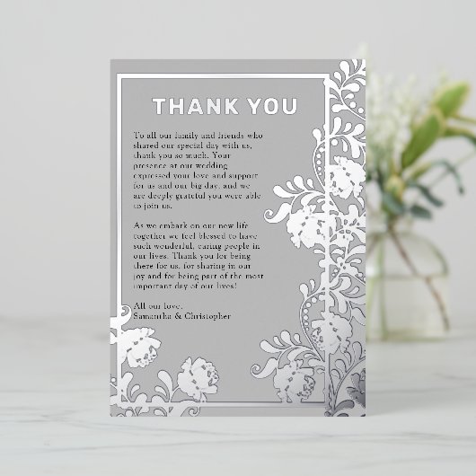 Zilveren Foliage op Grijze Bruiloft Dank u Kaart (Staand Voorkant)