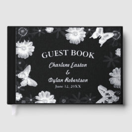 Zilveren Folie Bloemen & Vlinders Zwart Huwelijk Gastenboek