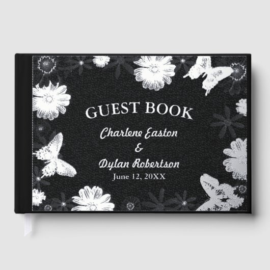 Zilveren Folie Bloemen & Vlinders Zwart Huwelijk Gastenboek (Voorkant)