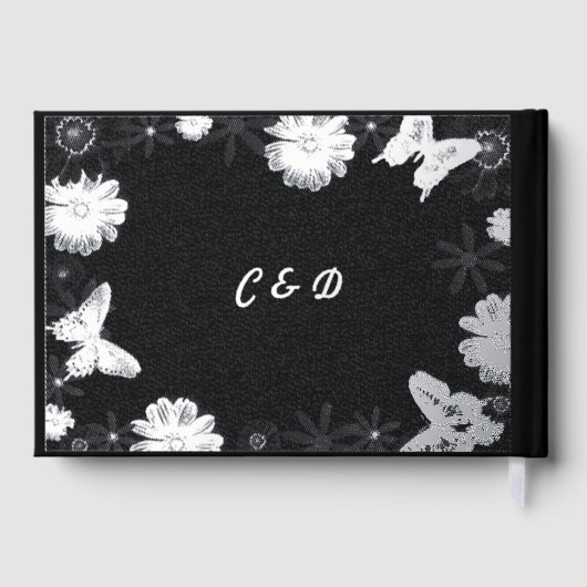 Zilveren Folie Bloemen & Vlinders Zwart Huwelijk Gastenboek (Achterkant)