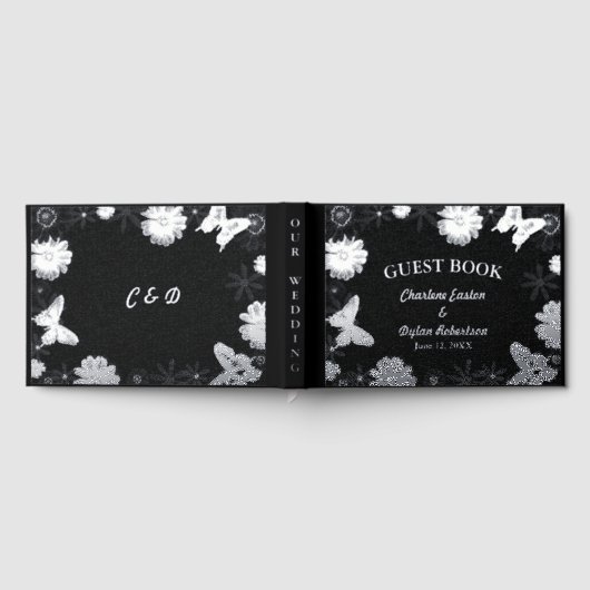 Zilveren Folie Bloemen & Vlinders Zwart Huwelijk Gastenboek (Volledig)