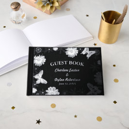 Zilveren Folie Bloemen & Vlinders Zwart Huwelijk Gastenboek