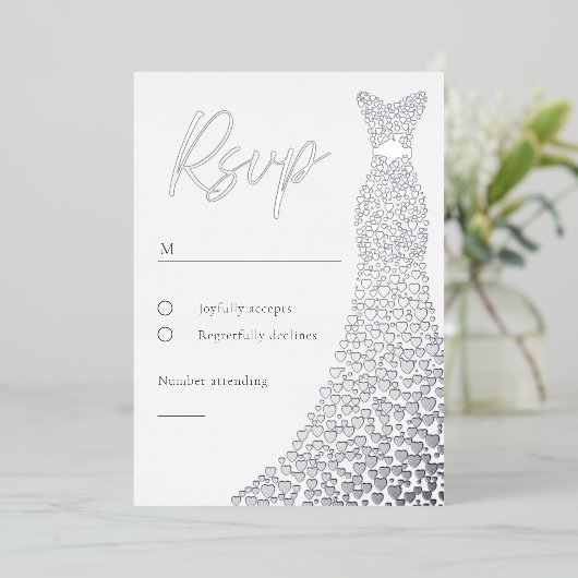 Zilveren Folie Jurk Bruids of Verjaardag RSVP kaar Folie Uitnodiging (Staand Voorkant)