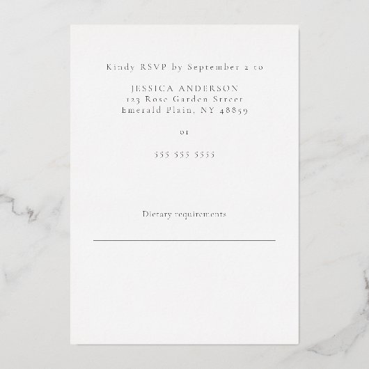 Zilveren Folie Jurk Bruids of Verjaardag RSVP kaar Folie Uitnodiging (Achterkant)