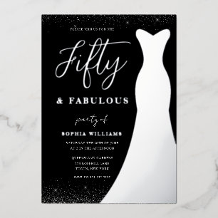 Zilveren Folie Jurk Fifty & Fabulous 50ste Verjaar Uitnodiging