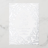 Zilveren Folie Kant Bruiloft Foto Opslaan De Datum Folie Uitnodiging (Voorkant)