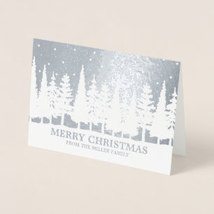 Zilveren folie Merry Christmas Snowy Trees Custom Kaarten