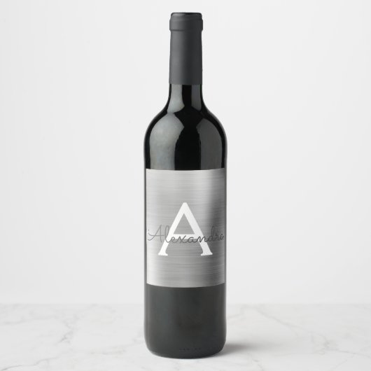 Zilveren Folie Metaal Metaal Monogram Wijn Etiket (Voorkant)