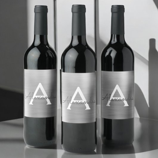 Zilveren Folie Metaal Metaal Monogram Wijn Etiket