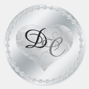 Zilveren Folie Metallic Hart Monogram Bruiloft Sti Ronde Sticker