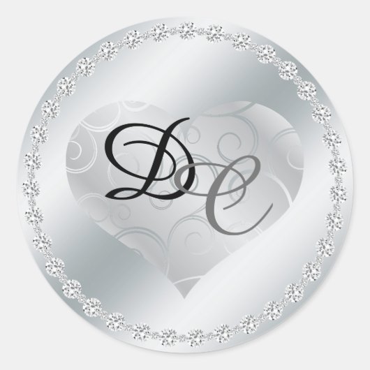 Zilveren Folie Metallic Hart Monogram Bruiloft Sti Ronde Sticker (Voorkant)