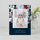 Zilveren Folie Navy Foliage Foto Kerst Kaart (Staand Voorkant)